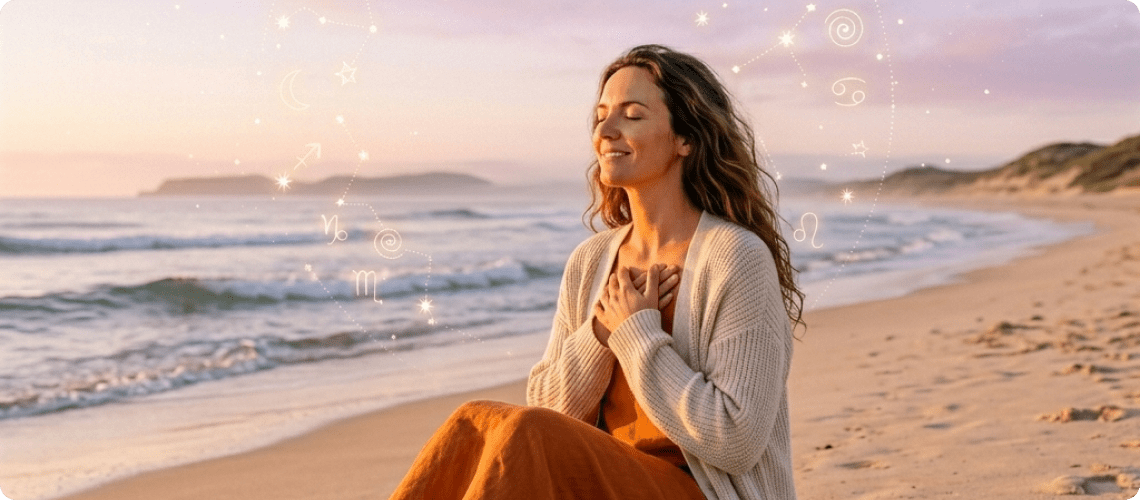 Woman meditating peacefully on the beach at sunrise